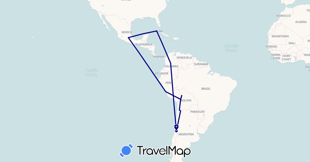 TravelMap itinerary: driving in Bolivia, Chile, Colombia, Cuba, Mexico, Peru (North America, South America)